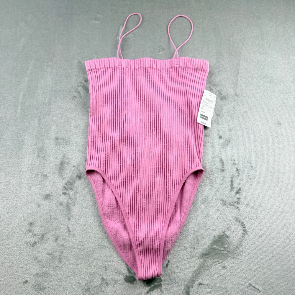 Sugar Rain Ribbed Square Neck Bodysuit Pink Spaghetti Strap LB1030 Women's M/L